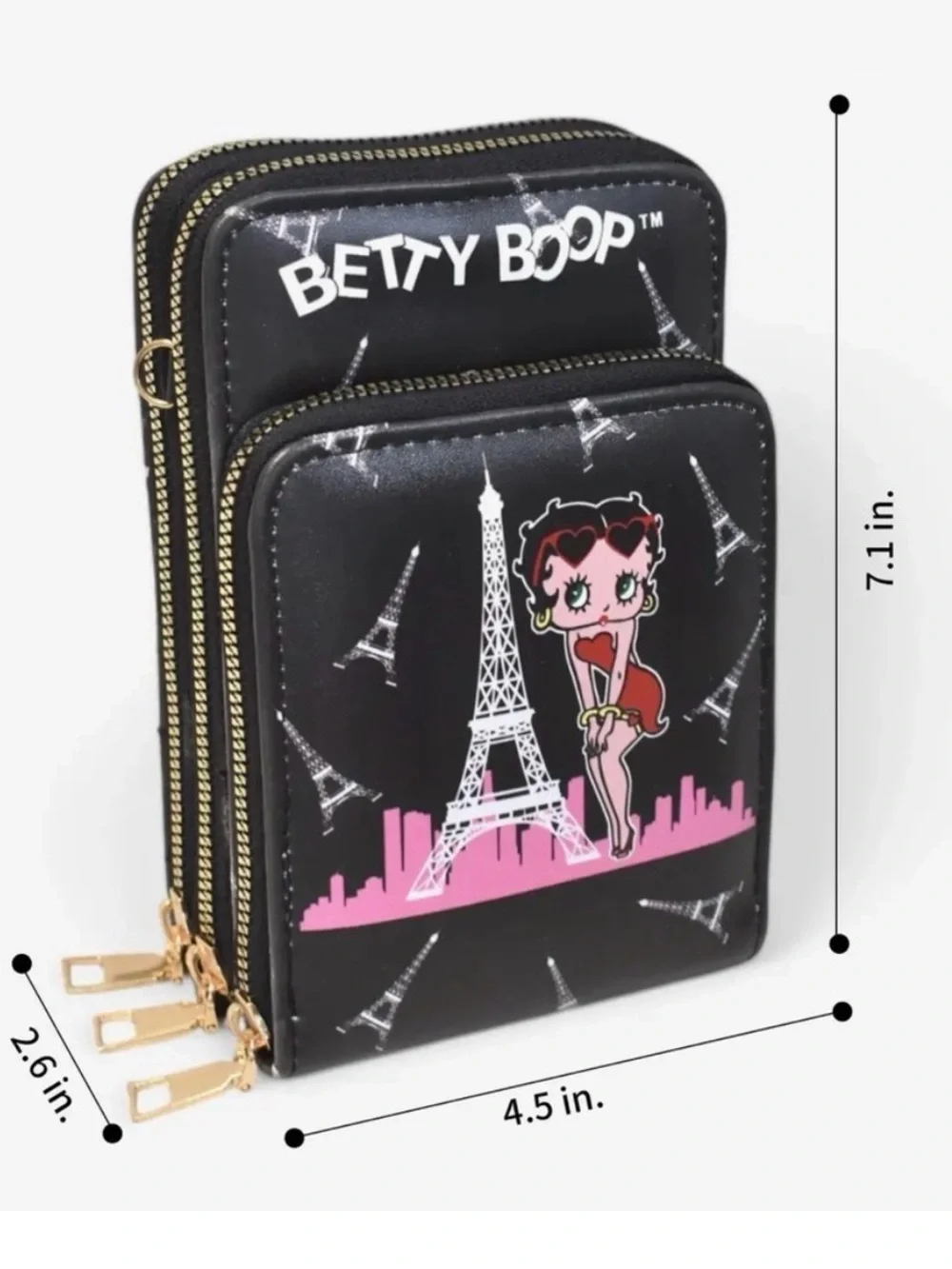 Betty Boop Black Phone Wallet Case with Pink Eiffel Tower Graphic